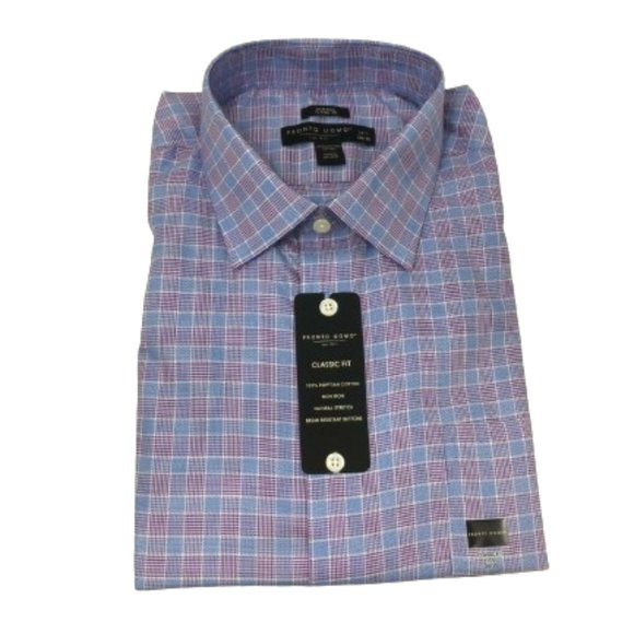 Pronto Uomo Long Sleeve Check Button Up Collar Shirt, Men's Size 17.5 - Blue - Picture 1 of 5